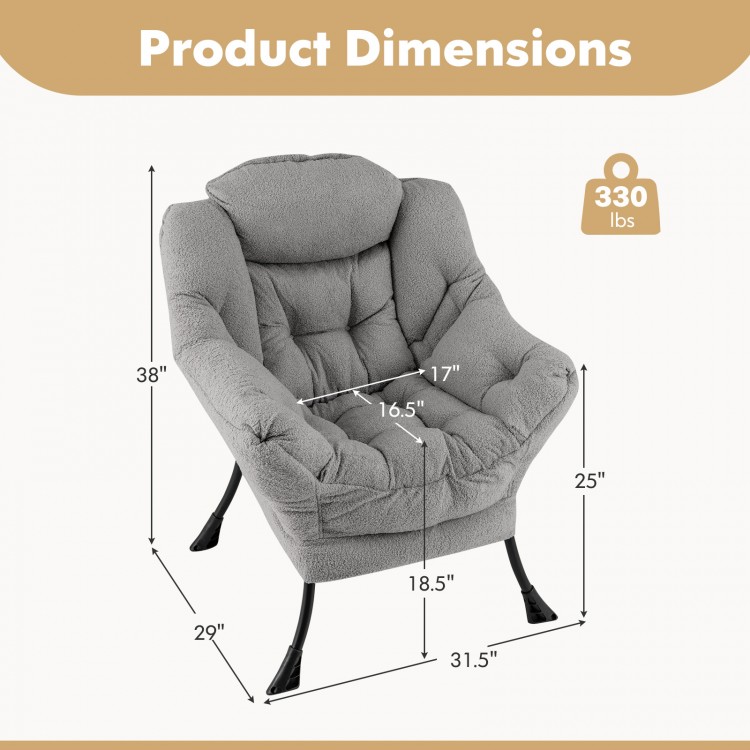 Sherpa upholstered accent chair dimensions with ergonomic design, gray color, and cozy head pillow for versatile use.